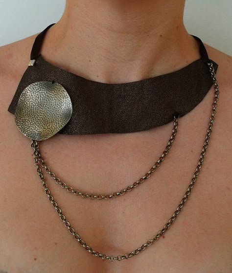 Brown Leather Necklace, Metal Choker, Leather Jewellery, Leather Scraps, Fiber Jewelry, Metal Necklace, Textile Jewelry, Black Jewelry, Fabric Jewelry