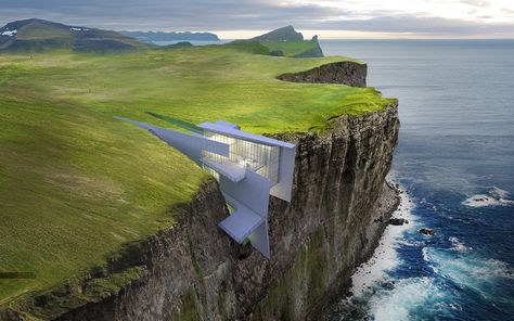 Cliff Retreat. Iceland by Alex Hogrefe Alex Hogrefe, Cliffside House, Cliff Hotel, Concrete Retaining Walls, Karpathos, Cliff House, Antoni Gaudi, Concrete House, On The Edge