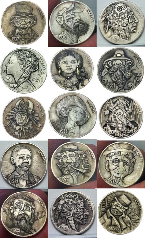 Hobo Nickels. The hobo nickel is a sculptural art form involving the creative modification of small-denomination coins, essentially resulting in miniature bas reliefs. The term hobo nickel is generic, as carvings have been made from many different denominations. Due to its low cost and portability, this medium was particularly popular among hobos, hence the name. Tin Embossing, Hobo Art, Hobo Coins, Pewter Art, Greenwich Connecticut, Hobo Nickel, Coin Art, Old Coins, Ancient Coins