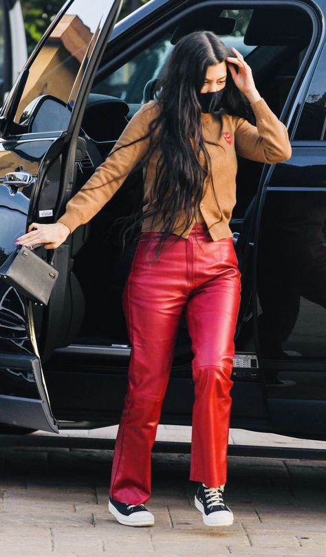 Crocodile Pants, Red Leather Trousers, Leather Trousers Outfit, Red Leather Pants, Kourtney Kardashian Style, Red Trousers, Leather Pant, Celeb Style, Kardashian Style