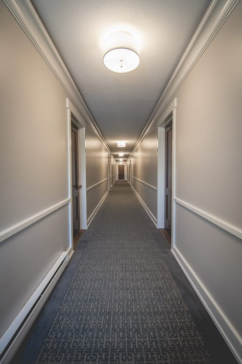 Building Hallway, Condo Hallway, Condo Corridor Interior Design, Condo Corridor Design, Hotel Hallway Aesthetic, Apartment Building Hallway Design, Apartment Hallway, Lobby Hotel, Interior Door Styles Farmhouse