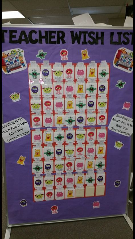 Teacher wish list                                                       … Book Fair Teacher Wishlist Display, Book Fair Teacher Wish List Display, Teacher Wishlist, Pta Bulletin Boards, Pta Board, Teacher Wish List, Book Fairs, Fair Theme, Scholastic Book Fair