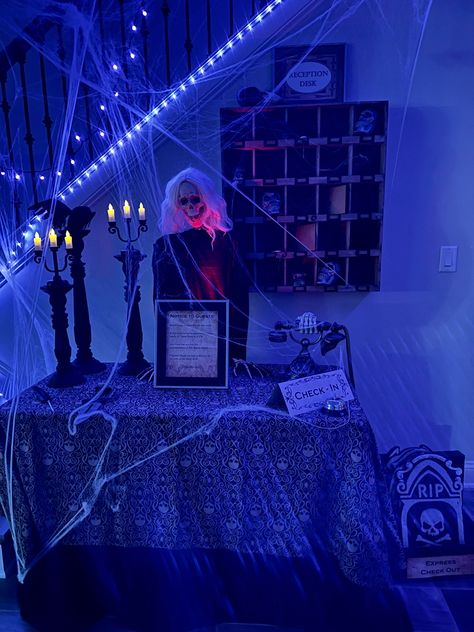 Haunted hotel reception desk for our halloween party Haunted Hotel Decorations, Hotel Reception Desk, Haunted Hotels, Haunted Hotel, Hotel Reception, Reception Desk, Escape Room, Halloween Haunt, Fall Festival