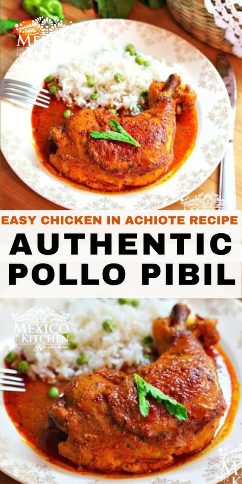 Marinated in colorful achiote and citrus marinade and served with pickled onions, this chicken dish is one of the most popular dishes all over the Yucatán. Quick and easy recipe to prepared and so delicious. #pibil #pollopibil #chickenpibil Yucatan Food Recipes, Achiote Recipes, Different Cultures Food, Achiote Chicken, Milanesa Recipe, Achiote Paste, Mexican Dinner Ideas, Authentic Mexican Food Recipes, Mexico In My Kitchen