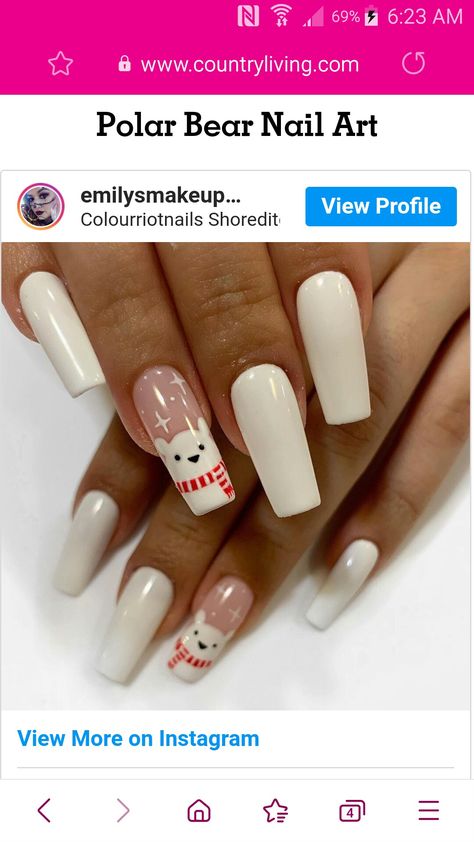 Nail Snow, Winter Almond Acrylic Nails, Polar Bear Christmas Nails, Christmas Nails Snowman, Polar Bear Nails Christmas, Polar Bear Nail Designs, Penguin Christmas Nails, Snow Nail Designs, French Tip Winter Nails