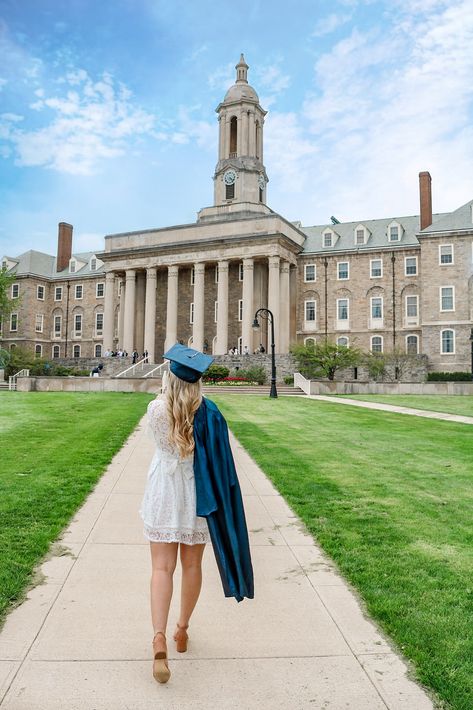 Penn state Grad in front of Old Main #oldmain #college #collegegraduation #collegegrad #pennstate #psu #collegegraduationdress #graduationdress Penn State Graduation Pictures, Penn State Graduation, Rdh Graduation, Graduation Dress College Classy, Fsu Graduation, Graduation Outfit College, Graduation Dress College, Grad Poses, College Photos