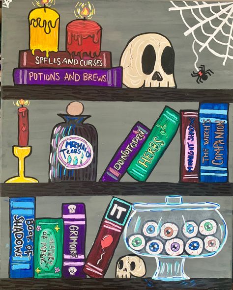 Painting Ideas For Office Canvases, Halloween Bookshelf Painting, Spooky Bookshelf Painting, Easy Big Painting Ideas, Fun Canvas Paintings, Hocus Pocus Canvas Painting, Book Canvas Painting, Halloween Canvases, Halloween Shuffle