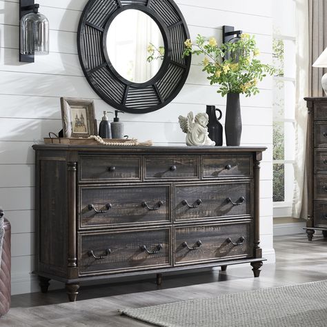 Dresser Top Ideas, Column Decor, Rustic Chest Of Drawers, Dresser Styling, Distressed Wood Furniture, Wood Column, Rustic Dresser, 7 Drawer Dresser, Set Bedroom