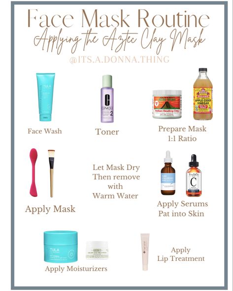 Self care skincare routine to add to your weekly rotation. Only needed once a week to once a month. Removes all the impurities from the week and lets your skin start fresh. #skincareroutine #skincaretips #skincareproducts #skincare #facialmasksforblackheads #facialmasks #selfcaretips #selfcarebeautytips #selfcareroutine #selfcareideas Weekly Face Routine Skin Care, Skincare Order With Face Mask, Face Mask Schedule, Skincare Steps In Order With Mask, Face Mask Routine, Skincare Routine Weekly Planner, Probiotic Skin Care, Indian Healing Clay, Skin Care Order