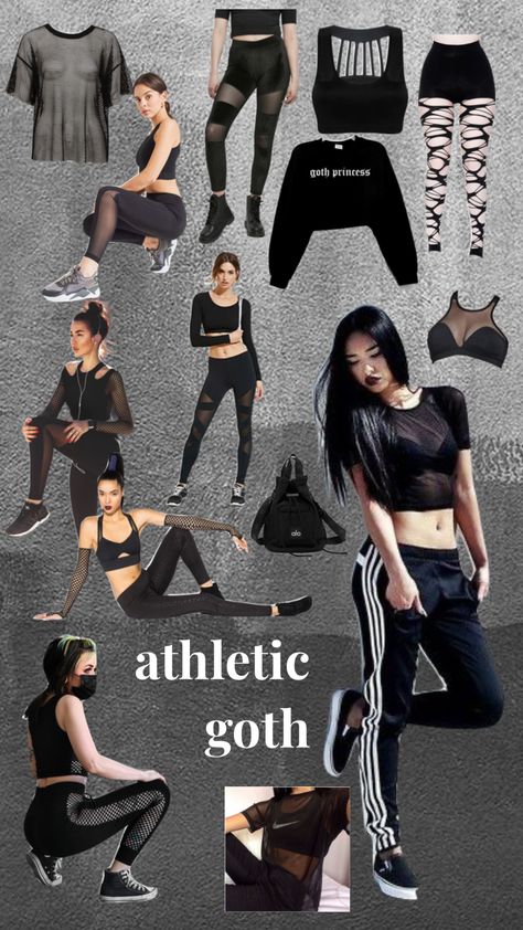 Athletic Alt Outfits, Goth Athleisure Outfits, Fantasy Workout Clothes, Alt Athletic Wear, Athletic Goth Outfits, Goth Athletic Wear, Edgy Workout Outfits, Grunge Workout Outfits, Goth Gym Aesthetic