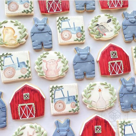 Farm Baby Shower Theme, Barn Cake, Watercolor Cookies, Cow Cookies, Farm Cookies, Pig Cookies, Farm Baby Shower, Animal Baby Shower Theme, Farm Themed Birthday Party