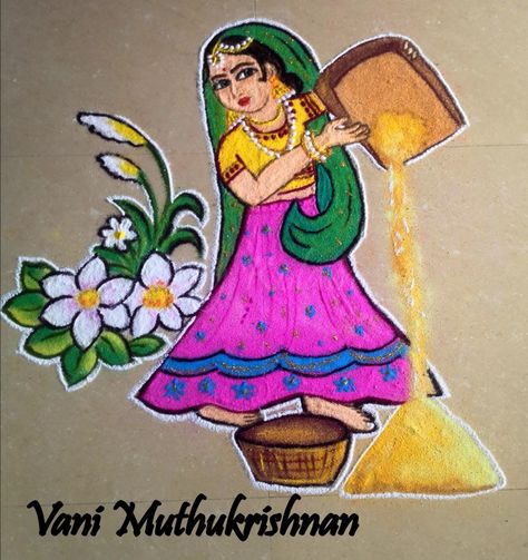 Doll Rangoli Design, Pongal Kolam, Indian Dolls, Rangoli Kolam Designs, Diy Embroidery Designs, Rangoli Designs Diwali, Free Hand Rangoli Design, Free Hand Rangoli, Rangoli Kolam