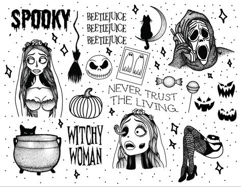 #halloween #halloweentattoo #halloweenflashsheet #halloweenflash #handpoke #handpokedtattoo #handpoketattooartist #stickandpoke #stickandpoketattoo #art #digitalart #girlboss #girlswithtattoos #womenartists #aesthetic #tiktok #beetlejuice #beetlejuicetattoo #corpsebride #corpsebridetattoo #scream #screamtattoo Tim Burton Tattoo Flash Sheet, Tim Burton Flash Sheet, Ghost Face Tarot Card Tattoo, Halloween Mini Tattoos, Corpse Bride Flash Tattoo, Small Beetlejuice Tattoo Ideas, Halloween Small Tattoos, Beetlejuice Tattoo Flash, Beetlejuice Flash Tattoo