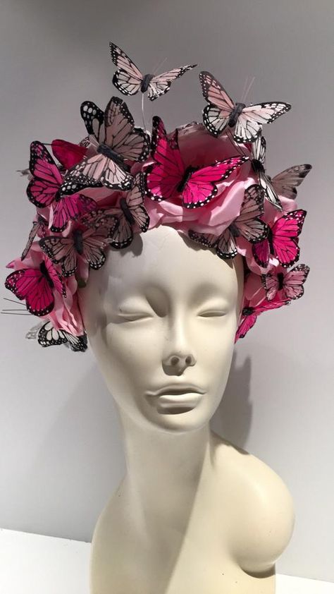 Butterfly Headpiece Derby Pink Headdress | Etsy Wine Black And White, Butterfly Headpiece, Headband Fascinator, High Fashion Makeup, Mask Masquerade, White Mask, Orange Butterfly, Floral Headpiece, Green Butterfly