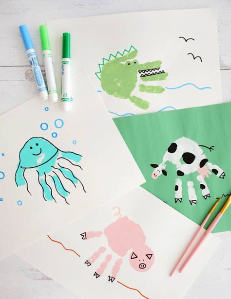 10 Handprint Animal Crafts That Kids Will Love! - Childhood Magic Animal Handprints, Hand Print Crafts For Kids, Art Projects For Kindergarten, Projects For Kindergarten, Handprint Animals, Hand Print Crafts, Classroom Artwork, Rooster Craft, Paper Plate Masks