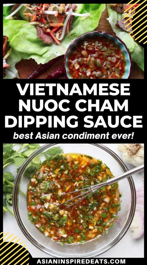 a bowl of reddish orange sauce with herbs and diced veggies Cham Dipping Sauce, Sauce For Spring Rolls, Vietnamese Sauce, Vietnamese Dipping Sauce, Asian Salads, Spring Roll Sauce, Asian Dipping Sauce, Asian Sauces, Rice Wraps