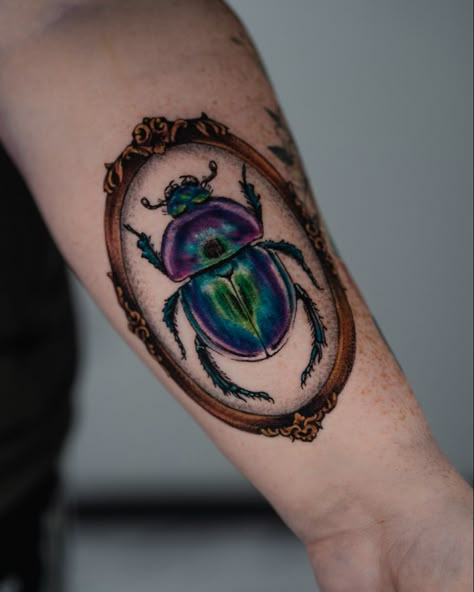 Jeweled Beetle Tattoo, Colored Beetle Tattoo, Beetle Arm Crease Tattoo, Beetle Tattoo Colorful, Green June Beetle Tattoo, Old School Beetle Tattoo, Colorful Beetle Tattoo, Matching Beetle Tattoos, Figeater Beetle Tattoo