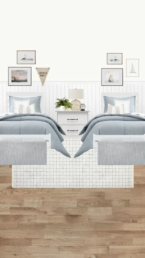 Airbnb Decor Room Ideas Twin Beds, Coastal Shared Bedroom, Coastal Bedroom Twin Beds, Modern Coastal Bedroom Mood Board, Coastal Twin Bedroom, Coastal Twin Beds, Two Queen Beds In One Room Layout, Coastal Twin Bedroom Ideas, Twin Beds Kids Room