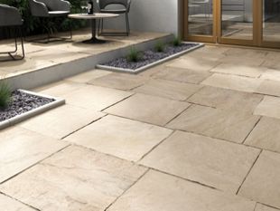 Laying A Patio, Sandstone Paving Slabs, Indian Sandstone, Outdoor Tile, Paving Ideas, Sandstone Paving, Patio Slabs, Garden Paving, Paved Patio