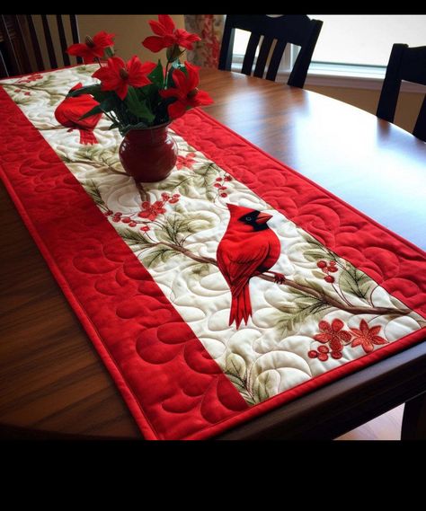 Cardinal Table Runner, Xmas Table Runners, Christmas Table Runner Pattern, Quilted Table Runners Christmas, Christmas Quilting Projects, Christmas Table Toppers, Table Topper Patterns, Patchwork Table Runner, Christmas Sewing Projects