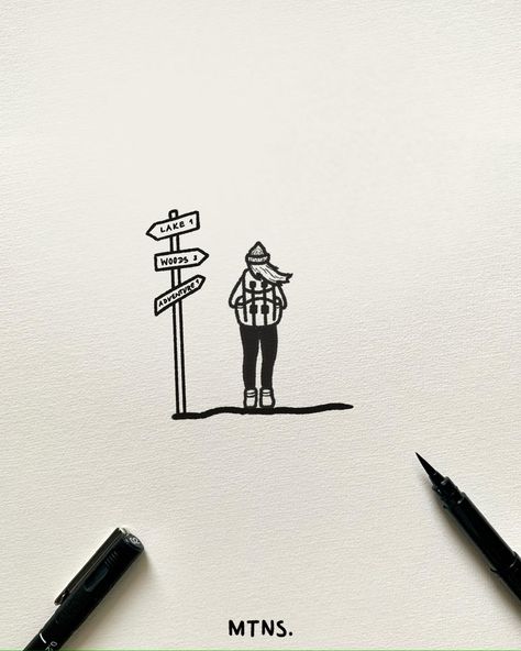 Inktober Day 8 - Hike #penandinkartt #inkartwork #blackpensketch #hikingart #inktober #inktober2024 Road Inktober, Hiker Illustration, Hiking Drawing, Camping Illustration, Hiking Tattoo, Linocut Art, Card Crafting, Portrait Illustration, Book Inspiration