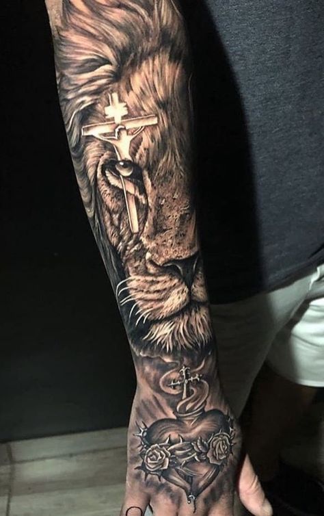 Lion Tattoo Design Sketches Half Sleeves, Tetalistai Tattoo, Tattoo Ideas Religious, Religious Tattoo Sleeves, Herren Hand Tattoos, Lion Forearm Tattoos, Tiger Tattoo Sleeve, Animal Sleeve Tattoo, Lion Tattoo Sleeves