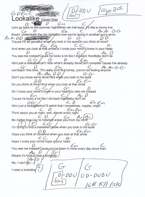 Lookalike (Conan Gray) Guitar Chord Chart Conan Gray Guitar Chords, Heather Guitar Chords, Heather Conan Gray Guitar Chords, Conan Gray Guitar, Heather Conan Gray Piano Sheet Music, Olivia Rodrigo Guitar Chords, Memories Conan Gray, Basic Guitar Chords Chart, Vampire Guitar Chords