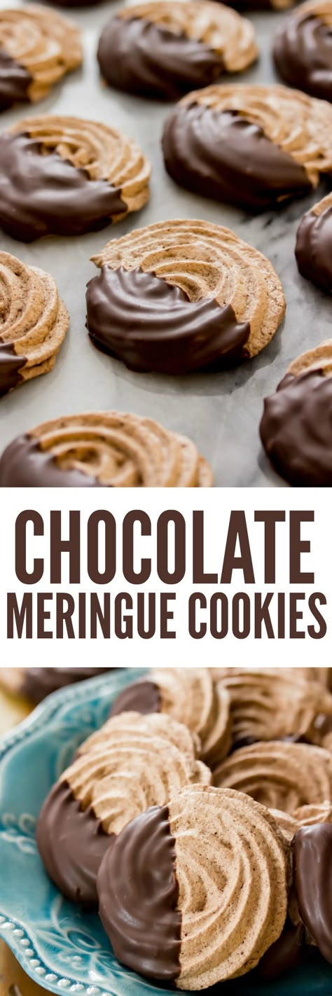 These crisp, flawless chocolate meringue cookies are only 6 ingredients!  They're flavored with cocoa powder for a rich chocolate taste and are dipped in melted dark chocolate! Cookie Meringue, Cookies Meringue, Chocolate Meringue Cookies, Meringue Cookie, Meringue Cookie Recipe, Kuih Raya, Meringue Desserts, Chocolate Meringue, Fun Kitchen