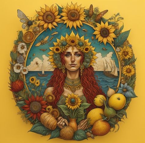 AI generated art of a plain yellow background behind a circle. The circle is surrounded by fruits and flowers. Inside the circle is a portrait of a red-headed woman, wearing a flower crown made of sunflowers and a green dress, standing in front of the sea with many ships and butterflies in the background. Summer Solstice Outfit, Summer Solstice Art, Solstice Art, Wolf T Shirt, Summer Solstice, Mother Earth, Mural, Art