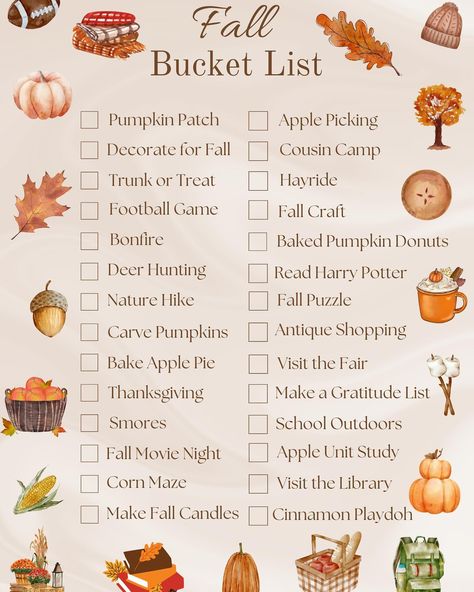 🍂Fall Bucket List🍂 We are only days away from FALL!!! I have been making bucket list to do with my kids for the seasons around 7 years now. A lot of times it is things we would have naturally done anyways but creating a bucket list builds excitement and anticipation! My sister is doing her first bucket list with her 2 year old which includes cute pictures he can understand next to each item. My list is geared for a bit older kids but still and will always be cute too! You can DM us and... Sophomore Bucket List, Fall Bucket List Journal, Sister Bucket List, Apple Unit Study, Journal 2025, Autumn Puzzle, Autumn Bucket List, Bucket List Journal, Apple Unit