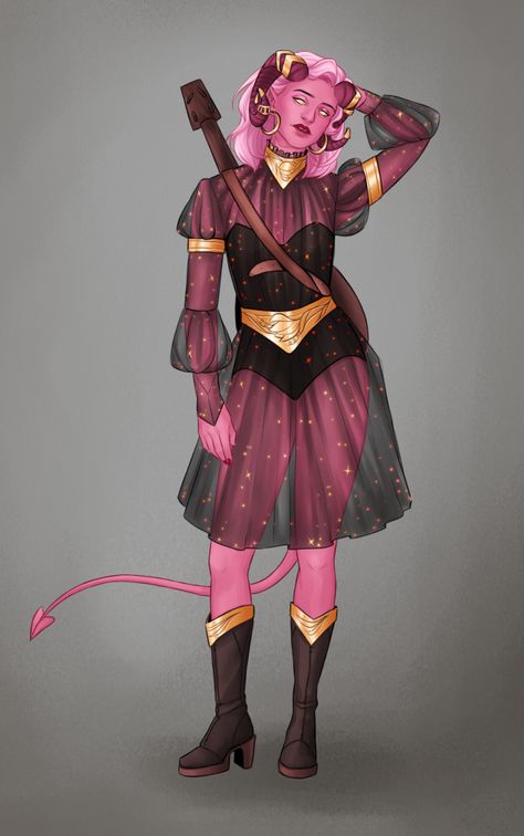 — This is my girlfriend's dnd character, Ilya... Pink Tiefling, Dnd Tiefling, Tiefling Bard, Half Orc, My Character, Sun Moon Stars, Me As A Girlfriend, Dungeons And Dragons Homebrew, My Girlfriend