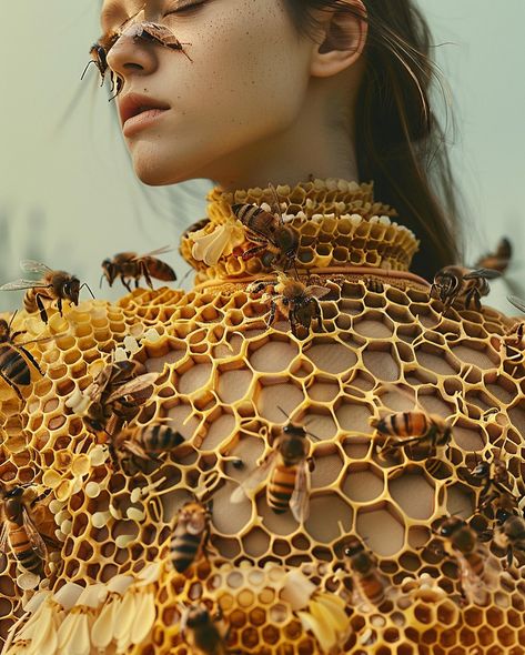 Queen Bee 🐝 : an eco-friendly clothing concept that turns your dress into a home for bees Still thinking about Spring/Ostara for this one for #landofblursed @blursed_montage and #chxrchchallenges @the_clone_supper #midjourneyfashion #aifashion #midjourneyconcept #midjourneycommunity #midjourneyv6 #midjourneyblend #midjourneysref #midjourneyai #fashionconcept #ecofriendly #bees #ecofriendlyfashion #aifashiondesign #midjourneyfashiondesign #midjourneyfashion Bee Fashion Design, Bee Corset, Bee Inspired Outfit, Insect Wedding, Biodiversity Art, Bee Woman, Bee Witch, Queen Bee Art, Bug Aesthetic