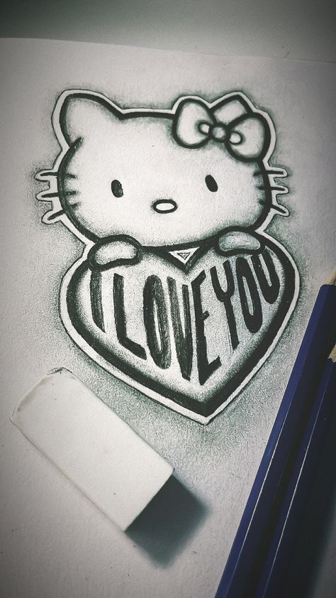 Hello Kitty Drawing Valentine, Spider Man And Hello Kitty Drawing, Old School Letters Drawings, Oldies Love Drawings, Hello Kitty Chicano Art, I Love You Drawings For Girlfriend, Drawings Of Hello Kitty, Hello Kitty Couple Drawing, Chicano Hello Kitty