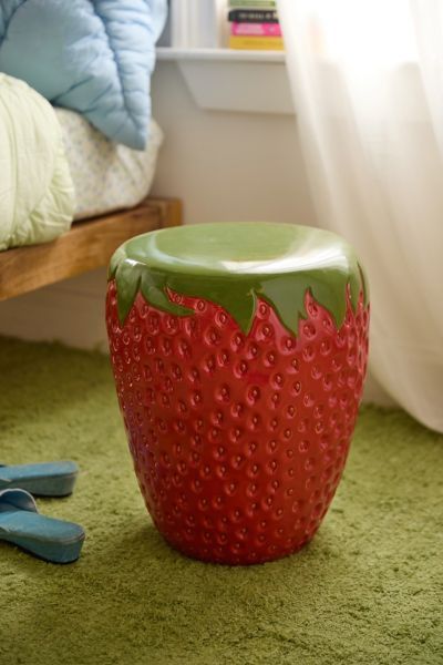 Strawberry Living Room Decor, Food Shaped Furniture, Strawberry Stool, Fruit Stool, Urban Outfitters Bedroom Decor, Pink And Green Dorm Room, Strawberry Furniture, Bama Dorm, Strawberry Bedroom