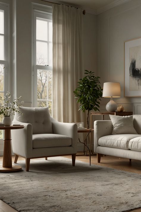 Welcome to a sophisticated living room that embodies elegance and comfort. The light brown floor sets a warm stage, while a luxurious white fluffy rug adds a touch of coziness underfoot. A white couch invites relaxation, beautifully complemented by a stylish chair in a matching hue, creating a harmonious seating arrangement perfect for conversation or quiet reflection. Large windows, adorned with flowing white curtains, allow natural light to cascade in, enhancing the room’s airy atmosphere. White Brown Living Room, White Fluffy Rug, White Couch, Brown Floor, Living Room Curtains, White Couches, Brown Floors, Room Curtains, Brown Living Room