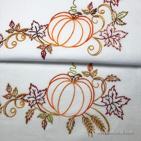 Weekend Stitching: Pumpkins, Leaves, & a Little Wheat – NeedlenThread.com Shawl Embroidery, Bordado Jacobean, Autumn Embroidery, New Embroidery Designs, New Embroidery, Embroidery Sampler, Hand Embroidery Videos, Embroidery Videos, Hand Work Embroidery