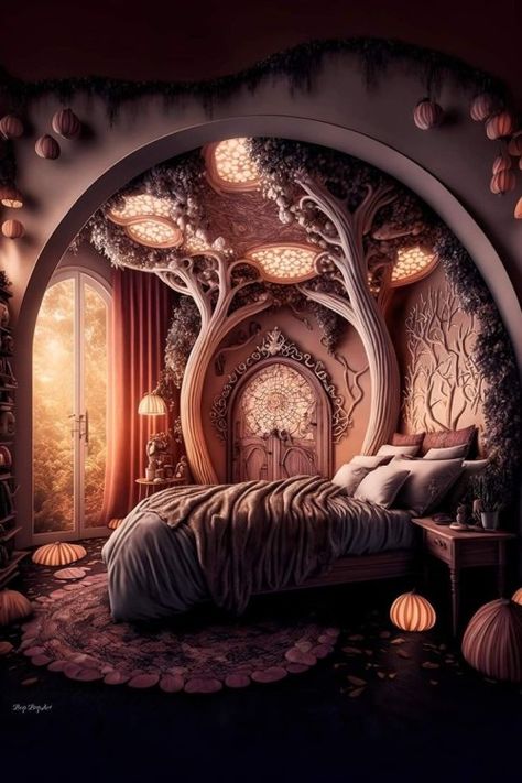 𝕸𝖗𝖘.𝕮𝖍𝖆𝖗𝖒𝖎𝖓𝖌𝕽𝖔𝖘𝖊 Fantasy Homes Interior, Fae Bedroom, Modern Gothic Bedroom, Fantasy Bedroom, Fantasy Furniture, Fantasy Rooms, Hobbit House, Fantasy Homes, Fantasy House