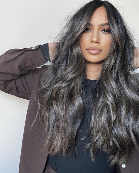 Dark Brown And Ash Brown Hair, Smoky Balayage Brunettes, Ash Brown Grey Blending, Smokey Balayage Brunettes, Dark Cool Brown Hair With Highlights, Gray Brunette Hair, Highlights For Greying Hair Brunettes, Dark Fall Hair Color For Brunettes 2024, Smokey Black Hair