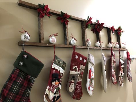 Xmas Stocking Holders, Stockings Hung On Ladder, Ladder Stocking Holder, Stocking Pole, Stocking Ladder, Stocking Holder Ideas, Christmas Stocking Stand, Stocking Stand, Christmas Ladder