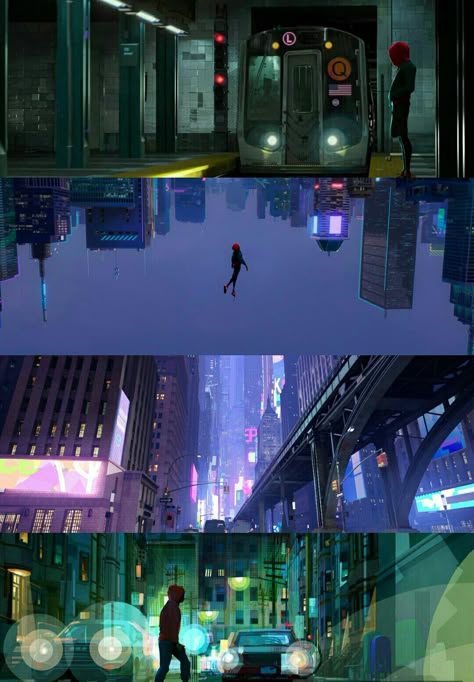 Spider-Man: Into the Spider-Verse (2018) Director: Bob Persichetti/Peter Ramsey/Rodney Rothman. Into The Spider Verse Cinematography, Across The Spider Verse Cinematography, Into The Spiderverse Cinematography, Spider Verse Animation Style, Architecture In Movies, Into The Spiderverse Screencaps, Movie Landscapes, Cinematic Artwork, Cinematic Drawing