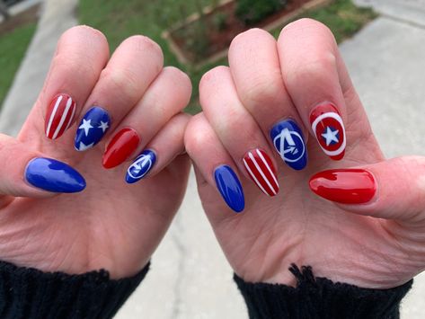 Captain Marvel Nails, Captain America Nails, Superhero Nails, Avengers Nails, Caption America, Marvel Nails, America Nails, Cartoon Nails, American Nails