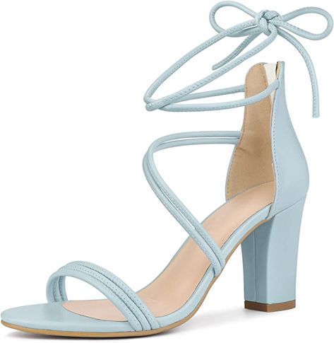 Amazon.com | Perphy Open Toe Strappy Lace Up Chunky Heel Sandals for Women 9 Sky Blue | Heeled Sandals Blue Sandals Heels, Heels Strappy, Chunky Heel Sandals, Womens Chunky Heels, Faux Leather Heels, Chunky Sandals, Blue Heels, Chunky Heels Sandals, Strappy Sandals Heels