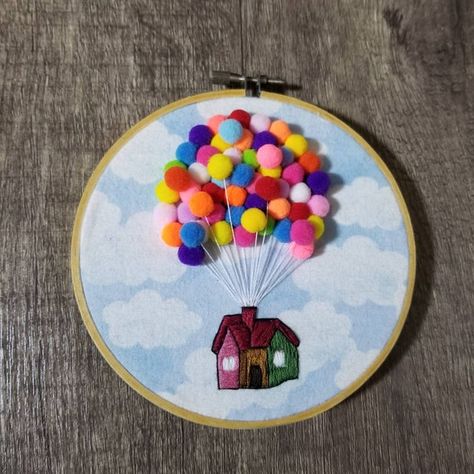 5inch Up Movie Inspired Embriodery Wall DecorPixar Movie Up | Etsy Up Embroidery Pixar, Up House With Balloons, Movie Embroidery, Cloud Mobile Nursery, Up Movie, Rainbow Mobile, Disney Silhouettes, Pixar Movies, Balloon Wall