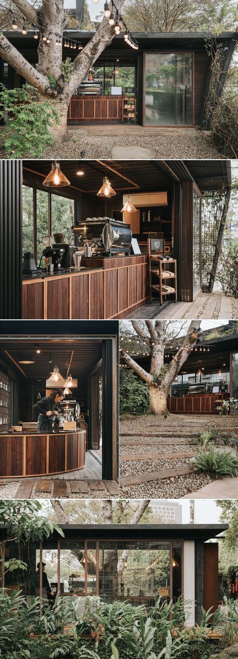 Shipping Container Coffee Shop, Shipping Container Cafe, Container Coffee Shop, Rooftop Restaurant Design, Coffee House Design, Wood Cafe, Container Cafe, Coffee Room, Coffee Shop Bar