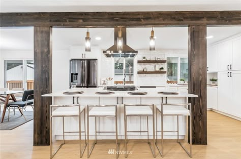 Vertical Beams In Kitchen, Open Concept Kitchen Living Room With Columns, Beams In Kitchen Island, Supporting Post In Kitchen, Kitchen Islands With Pillars, Vertical Support Beam Ideas, Kitchen Island With Beams Support, Island Dividing Kitchen And Living Room, Island With Beams Support