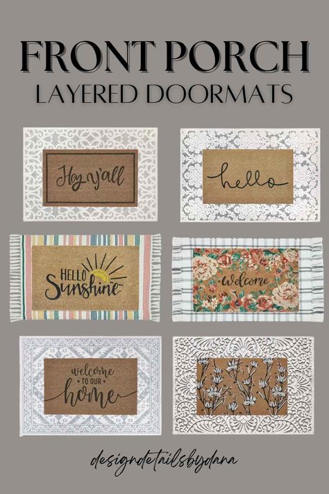 Layer Doormat designs for front porch decor Frontdoor Rug Ideas, How To Layer Outdoor Rugs, Front Doormat Layering, Double Door Front Porch Decor, Outdoor Rug Layering Ideas, Porch Rug Layering, Front Porch Mats Doormats Layering, Front Porch Rugs Outdoor, Layered Rugs Front Door