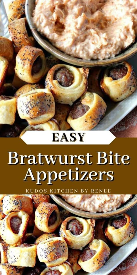 Bratwurst Bites, Oktoberfest Appetizer, German Appetizers, German Snacks, Crescent Roll Appetizers, Bratwurst Recipes, German Dishes, German Food Authentic, Thanksgiving 2023