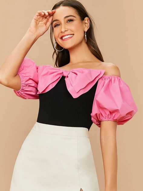 Off Shoulder Big Bow Front Puff Sleeve Top | SHEIN USA Fashion Week Dresses, Slippers Christmas, Fall 2024 Fashion, 2024 Fashion Trends, Preformance Outfits, Gingham Tops, Formal Dresses For Weddings, Big Bow, Women's Slippers