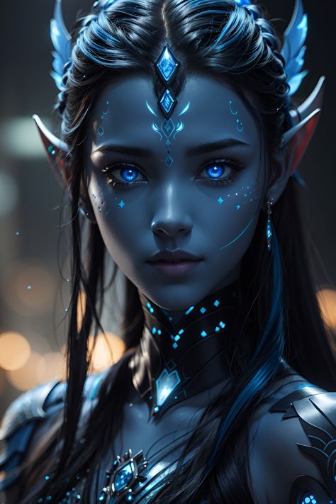 Glowing Blue Eyes, Dnd Elves, Blue Skin, Elves Fantasy, Female Elf, Alien Girl, Avatar Fan Art, Skin Colour, Elf Ears