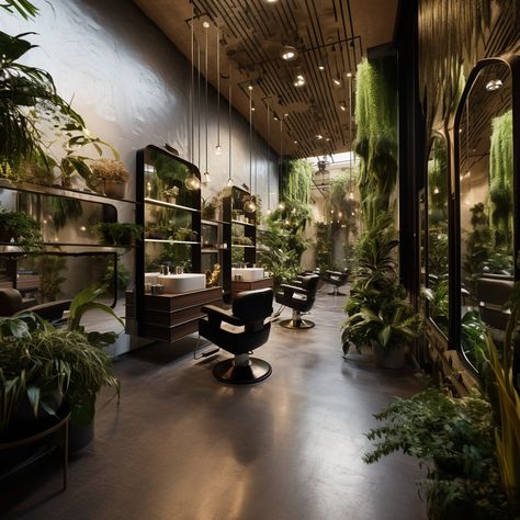 Boho Salon Interior Design, Gothic Beauty Salon, Gothic Hair Salon Decor, Hair Salon With Plants, Earthy Hair Salon, Dark Green Salon, Witchy Hair Salon, Salon Suite Interior Design, Dark Hair Salon